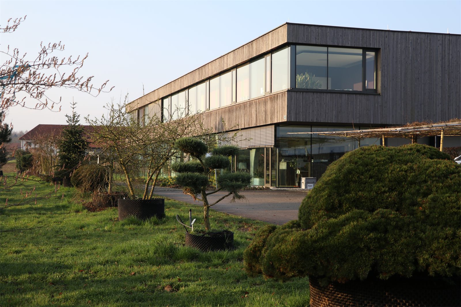 Modernes Bürogebäude der Baumschule Haselberger mit Formgehölzen davor